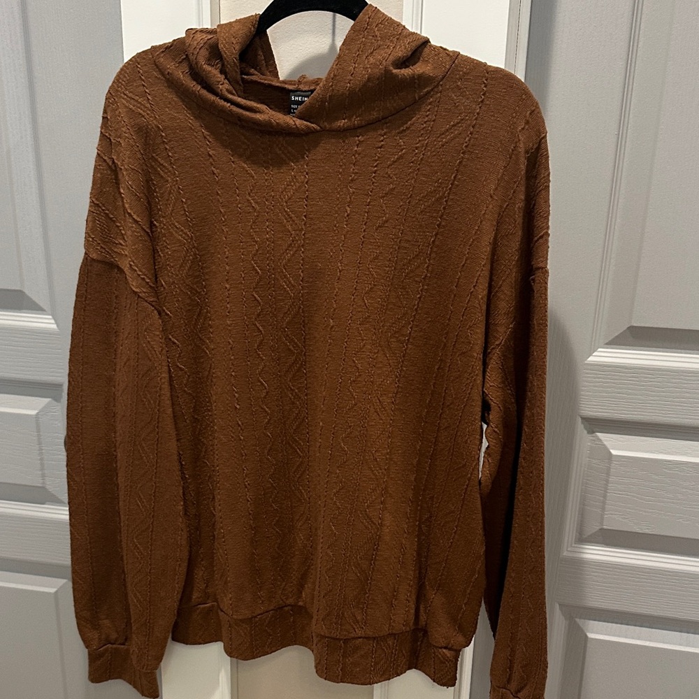 SHEIN Brown  Textured Hooded  Sweater Long Sleeve Shirt